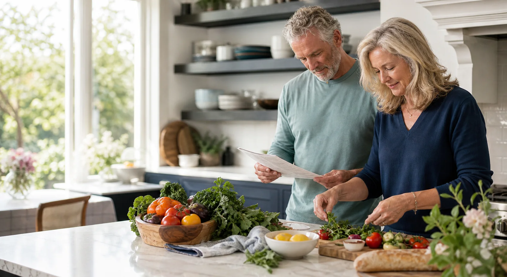 A couple over 50 preparing a colorful meal